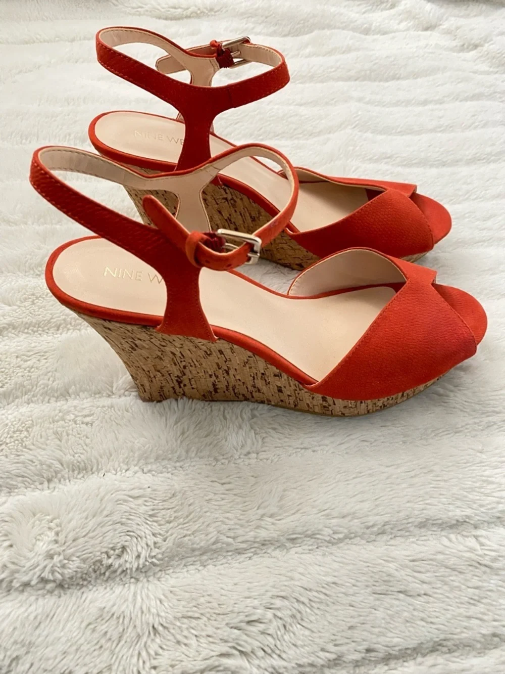 Nine West Orange Suede Wedge Sandals with Ankle Strap Size 10